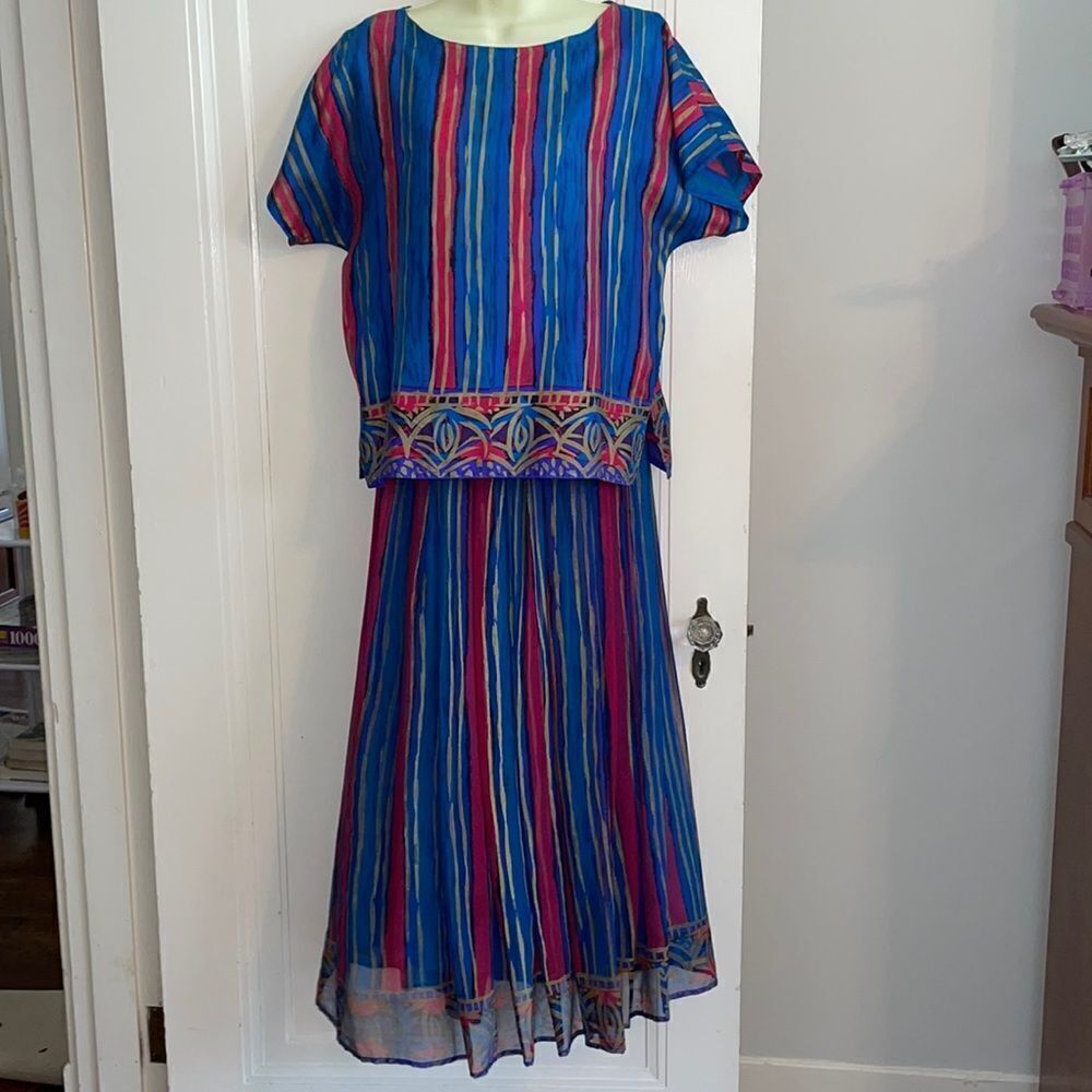 Vtg Monsoon‎ turquoise, blue, fuchsia & gold striped silk outfit with full skirt